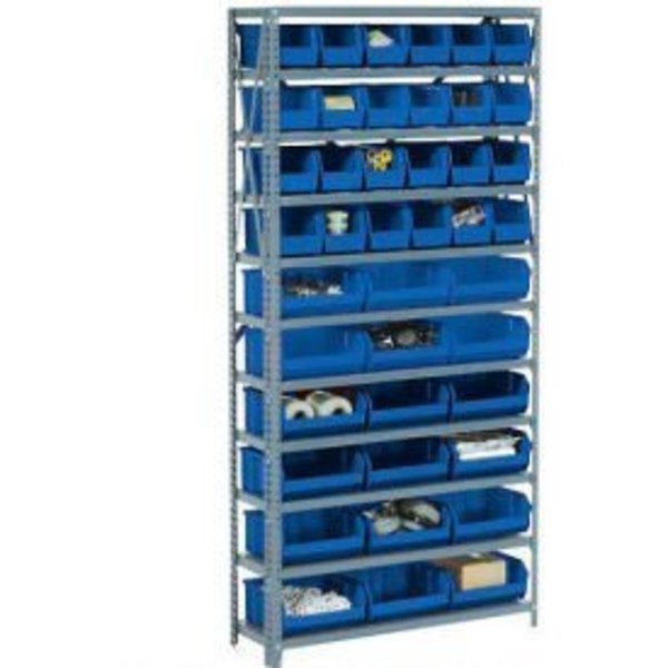 Global Equipment Steel Open Shelving with 30 Blue Plastic Stacking Bins 6 Shelves - 36x12x39 603245BL